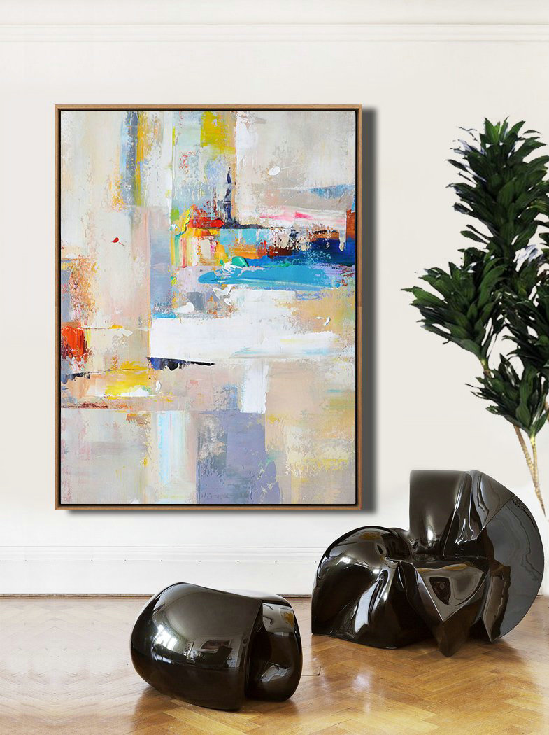 Vertical Palette Knife Contemporary Art,Hand Painted Aclylic Painting On Canvas,Beige,White,Blue,Red,Yellow,Pink